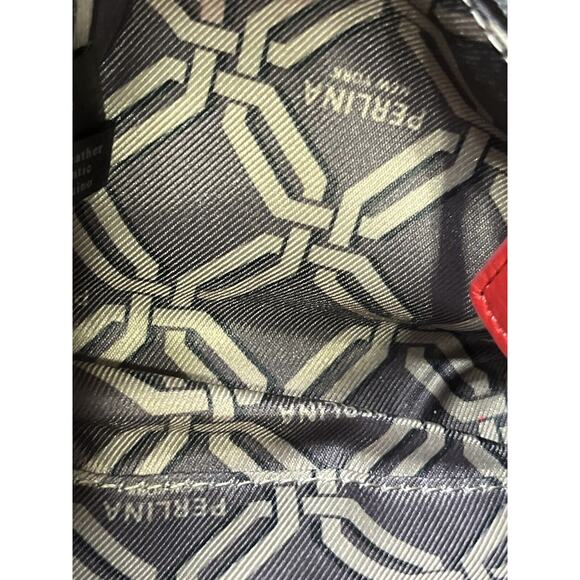 Perlina NY Red Pebbled Leather Small Crossbody Bag Gold Chain Monogram Lining - Picture 5 of 13